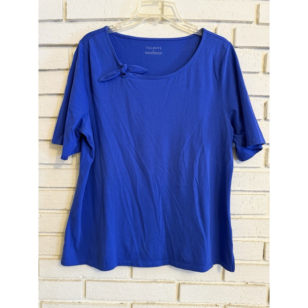Talbots Womens Blue Knot Neck Short Sleeve Top Tee Size XL Pima Cotton